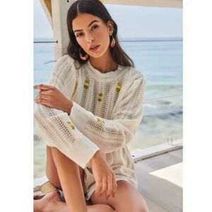 Sugarlips Floral Embroidered Pointelle Sweater Women's Size M Cream Color
